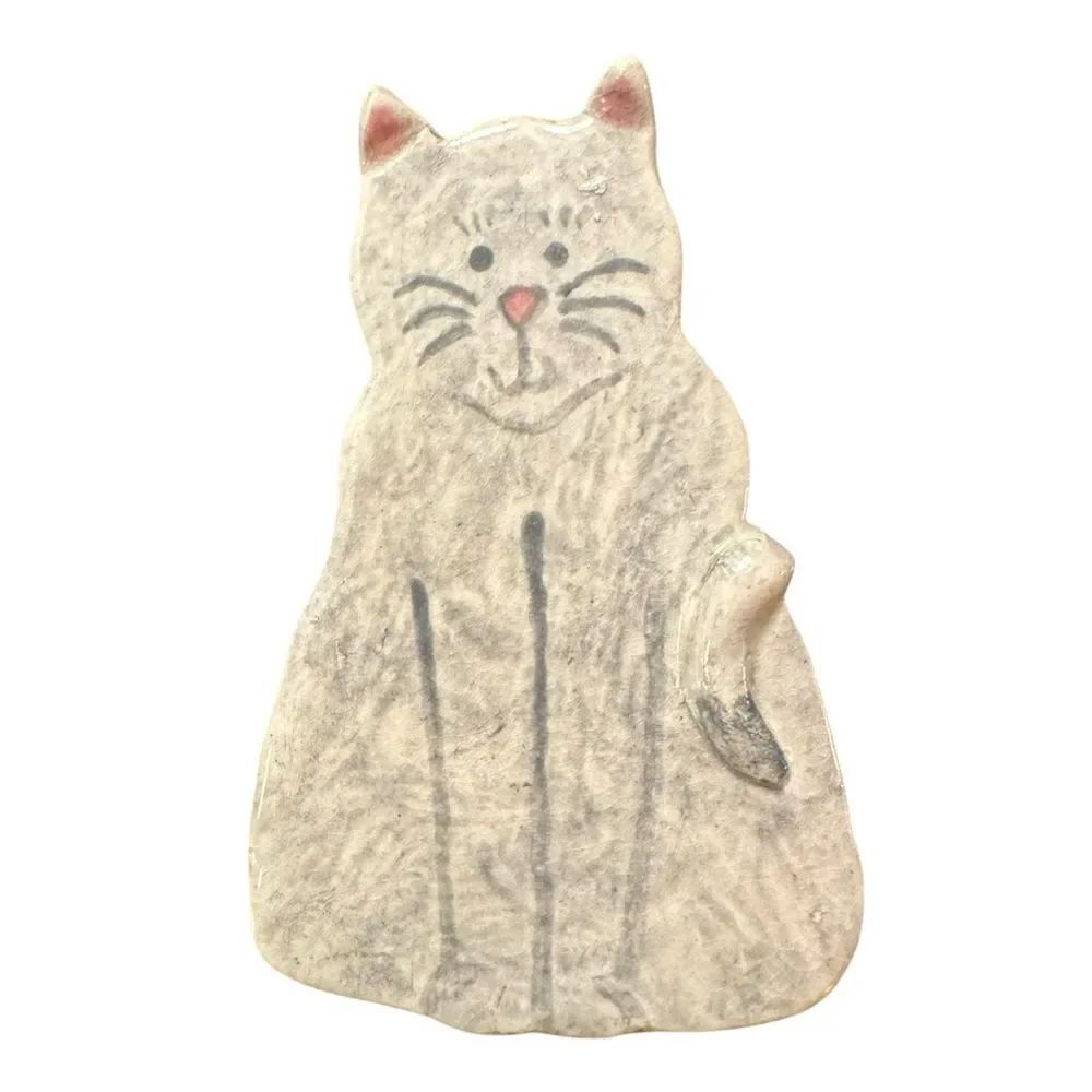 Vintage Handmade Clay Cat Pin Brooch